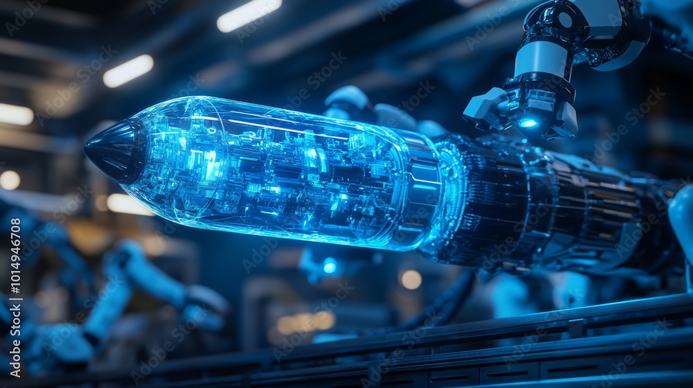Poster A futuristic robotic arm grips a luminous blue object in a modern production environment, showcasing advanced technology and automation at work during daytime operations.
