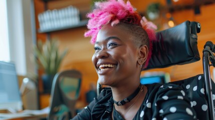 A woman with bright pink hair sits in a chair, looking relaxed and confident