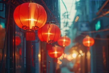 A vibrant street scene with red lanterns suspended from the sides