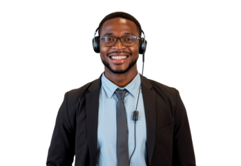 Portrait of a smiling African American male call center operator wearing a headset, isolated on transparent background