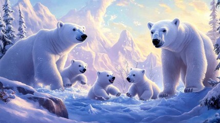 Enchanting Family of Polar Bears Enjoying Winter Wonderland