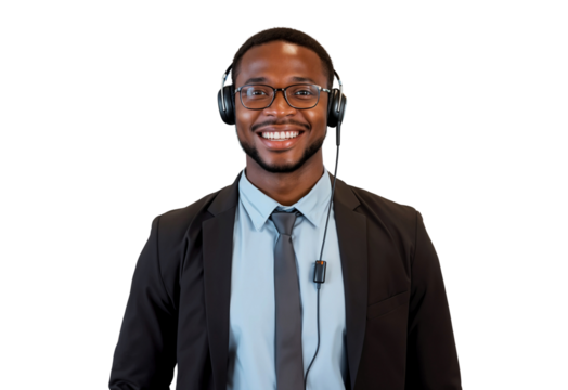 Portrait of a smiling African American male call center operator wearing a headset, isolated on transparent background