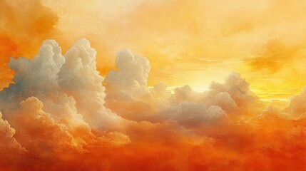 Dreamlike oil ink art depicting clouds drifting through a golden sunset captured from a wide-angle view to emphasize the soft gradients of the sky 