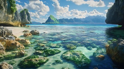 A picturesque beach scene with rocky outcrops and tide pools leading into a calm lagoon, vibrant marine life visible through the transparent water, and a mountainous island in the distance