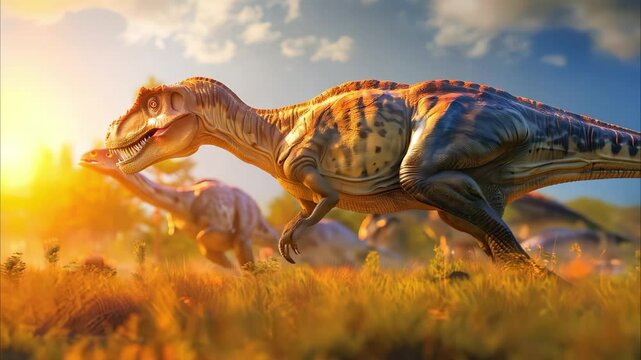 A group of dinosaurs in a scenic, prehistoric landscape, featuring vibrant colors and a dynamic setting.