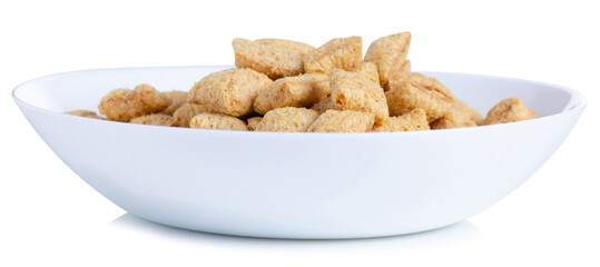 Dry breakfast milk pillows in white plate on white background isolation