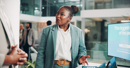 Business, computer and black woman with discussion by screen for innovation, conference and...