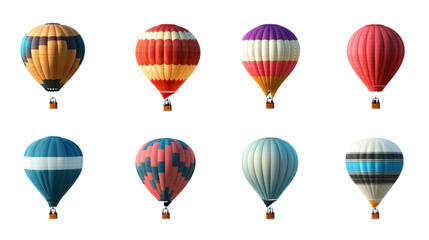 A collection of hot air balloons in various colors.on a transparent background. PNG format