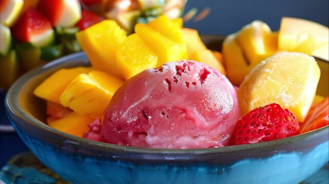 A bowl filled with colorful fruits like mango, strawberries, and two scoops of ice cream.