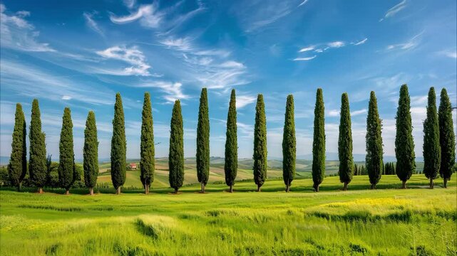 A row of tall cypress trees against a blue sky, with a green landscape featuring rolling hills in the background.