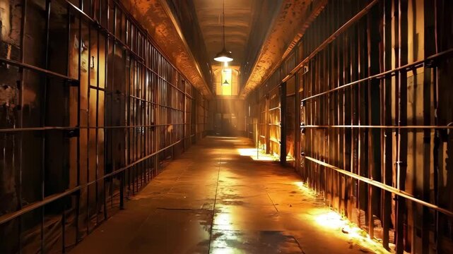 A dimly lit prison corridor with barred cells on either side, creating an eerie and haunting atmosphere.