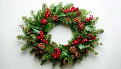 Christmas wreath with pinecones and red berries on white isolated background