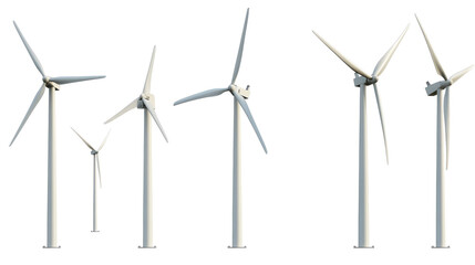 A row of wind turbines are shown in a row.on a transparent background. PNG format