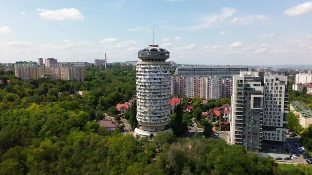 4k aerial video of Romashka Tower in Chisinau, Moldova also called the ugliest building in the world