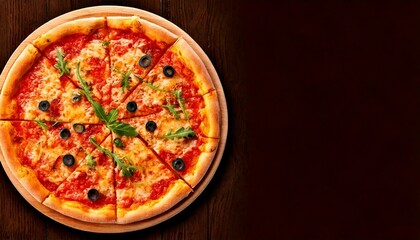 Delicious pizza with toppings, served on a wooden table, ideal for sharing