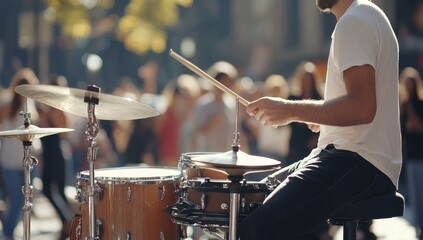 Naklejka premium A drummer plays a set of drums in front of a blurred crowd.