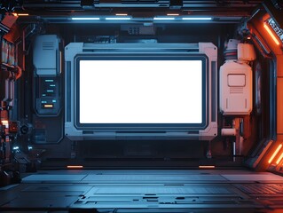 Obraz premium Futuristic control room, with empty screen and glowing lights.