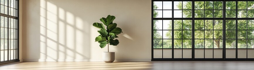Empty room with a large window, a potted plant, and sunlight streaming in.