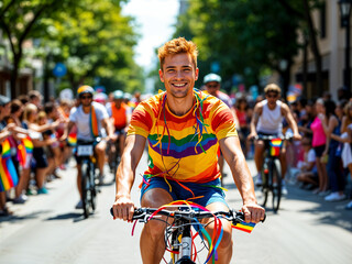 Fototapeta premium Smiling man cycling in LGBTQ pride parade wearing rainbow shirt surrounded by cheering crowd 