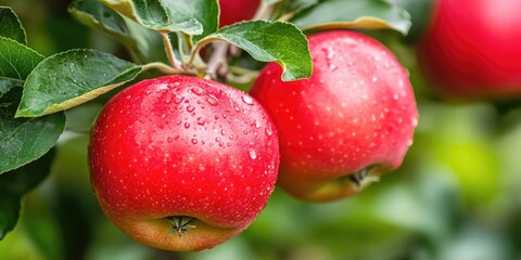 Red apples on tree with green leaves