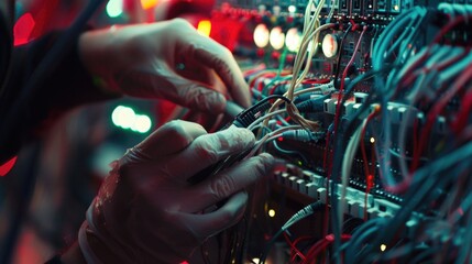A person works on wires in an electrical panel in a room