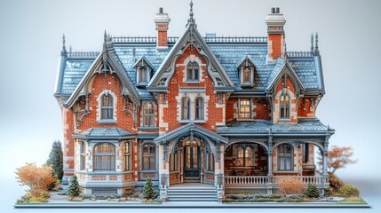 3D model of a Victorian-era hotel, positioned at a high angle to highlight its gabled roof and intricate detailing, against a white background. The color tone is dark reds and pale whites, using 
