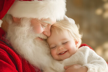 Fototapeta premium A joyful child cuddles with Santa Claus in a cozy setting during the holiday season