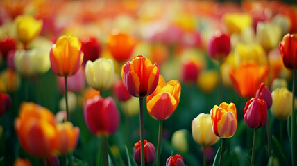 Colorful tulip field in spring, showcasing a variety of orange, yellow, and red tulips in full bloom under natural light.