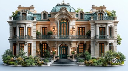 3D model of a classic European townhouse, positioned at a high angle to feature its ornate windows and wrought-iron balcony, against a white background. The color tone is warm beige and dark 