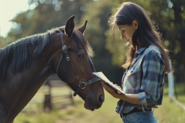 Obraz premium A woman stands next to a brown horse, possibly at a farm or stable
