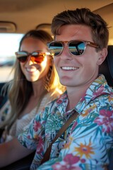 Obraz premium A man and a woman sitting together in a vehicle, possibly on a road trip or just enjoying each other's company