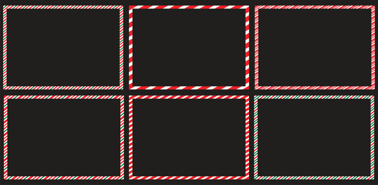 Candy cane frames set christmas. Collection of Xmas striped border with copyspace. Rectangle background for banner or christmas card. Vector, holiday wallpaper illustration.