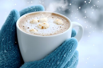 A close-up of a person's gloved hands holding a steaming mug of hot chocolate topped with marshmallows. The background is a snowy winter scene.