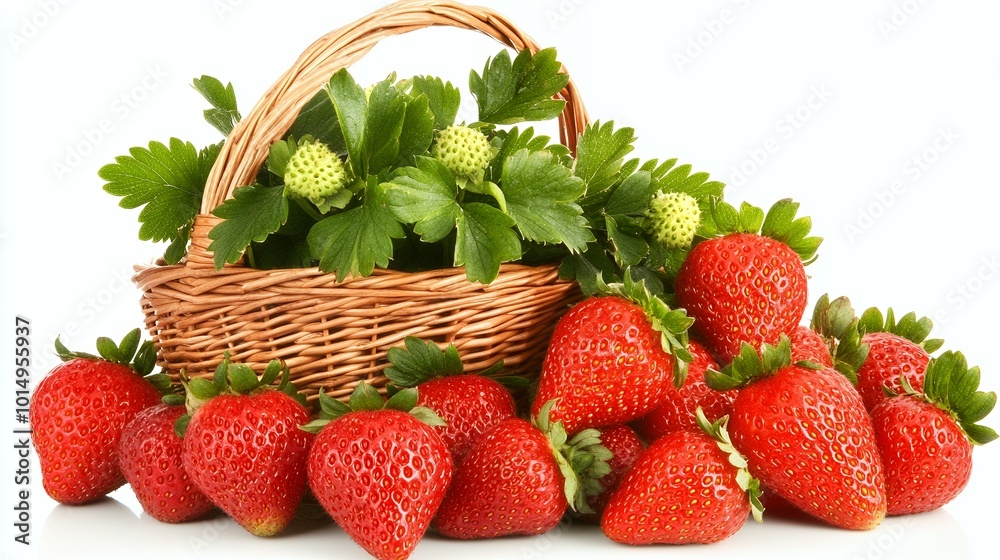 Wall mural A basket of fresh, ripe strawberries with green leaves.