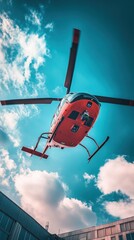 Red helicopter hovering over modern building in blue sky