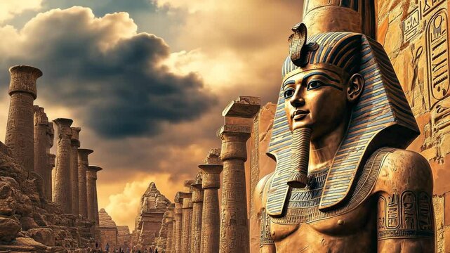 A large statue of an Egyptian pharaoh stands tall in front of a row of ancient pillars, a testament to the grandeur of a bygone era