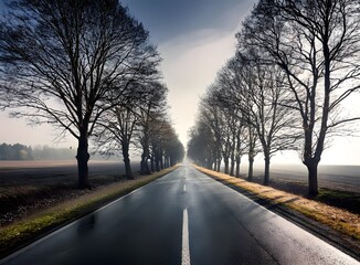 A road with trees on each side, realistic, depressing, middle of nowhere, hyper-realistic, depressing, realistic, ultra realistic, real-life picture