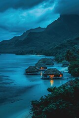 Nighttime scene of a beach with huts along the shore, perfect for outdoor or adventure-themed projects