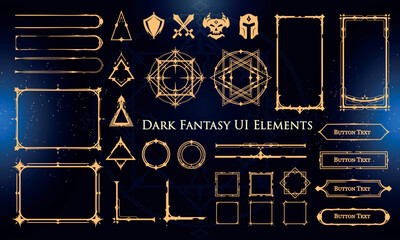 Set of Dark Fantasy Elements for user interface, poster, video. Fantasy magic HUD. Template for rpg game interface. Vector Illustration EPS10