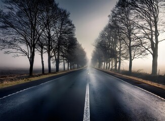 Fototapeta premium A road with trees on each side, realistic, depressing, middle of nowhere, hyper-realistic, depressing, realistic, ultra realistic, real-life picture