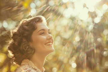 Fototapeta premium A woman looks up at the sun with a smile on her face, great for use in summer or outdoor-themed projects