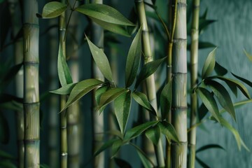 A detailed view of a bamboo plant with lush green leaves