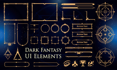 Set of Dark Fantasy Elements for user interface, poster, video. Fantasy magic HUD. Template for rpg game interface. Vector Illustration EPS10