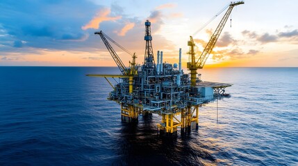 An offshore oil rig stands tall in the vast ocean, illuminated by the warm glow of the setting sun.
