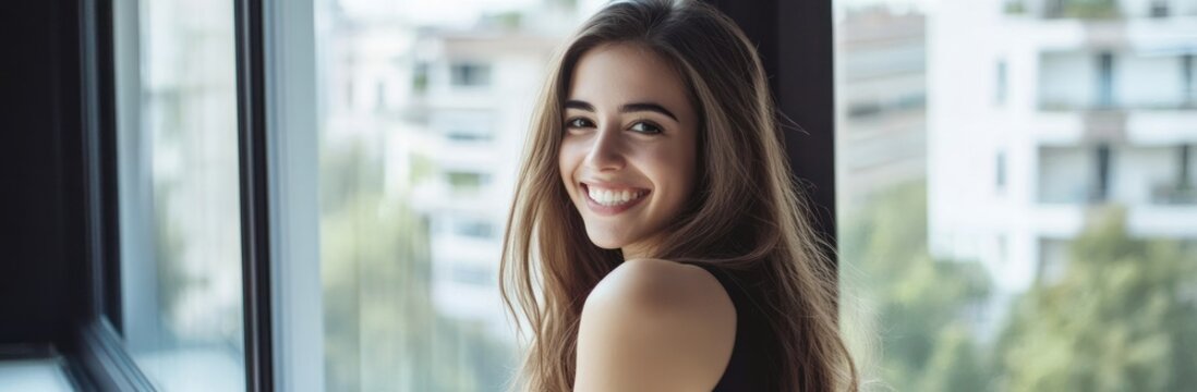 website banner concept with a smiling young woman holding and showing up an elegant dress near a window