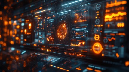 Obraz premium A futuristic digital interface with glowing orange elements, displaying data and analytics in a high-tech environment, conveying a sense of advanced technology.