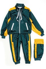 A person wearing a bright green and yellow jacket and pants on a clean white surface