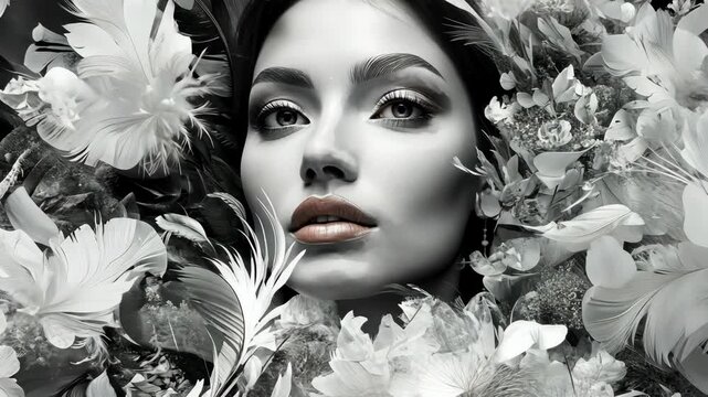 A woman with dark hair and a delicate face gazes upwards, surrounded by a plethora of large white feathers