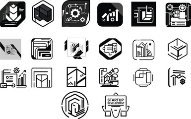 Set Of Startup and Development icon Vector SVG, black and white background