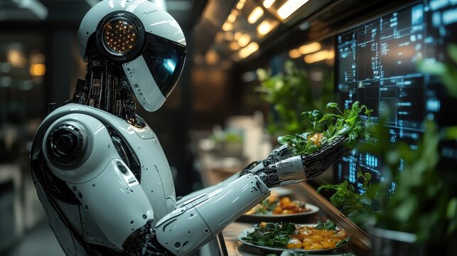 A futuristic robot preparing food in a modern kitchen, surrounded by greenery and digital interfaces, emphasizes the blend of technology and cuisine.